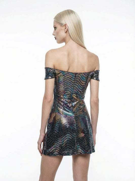 Woman wearing a patterned off-shoulder dress