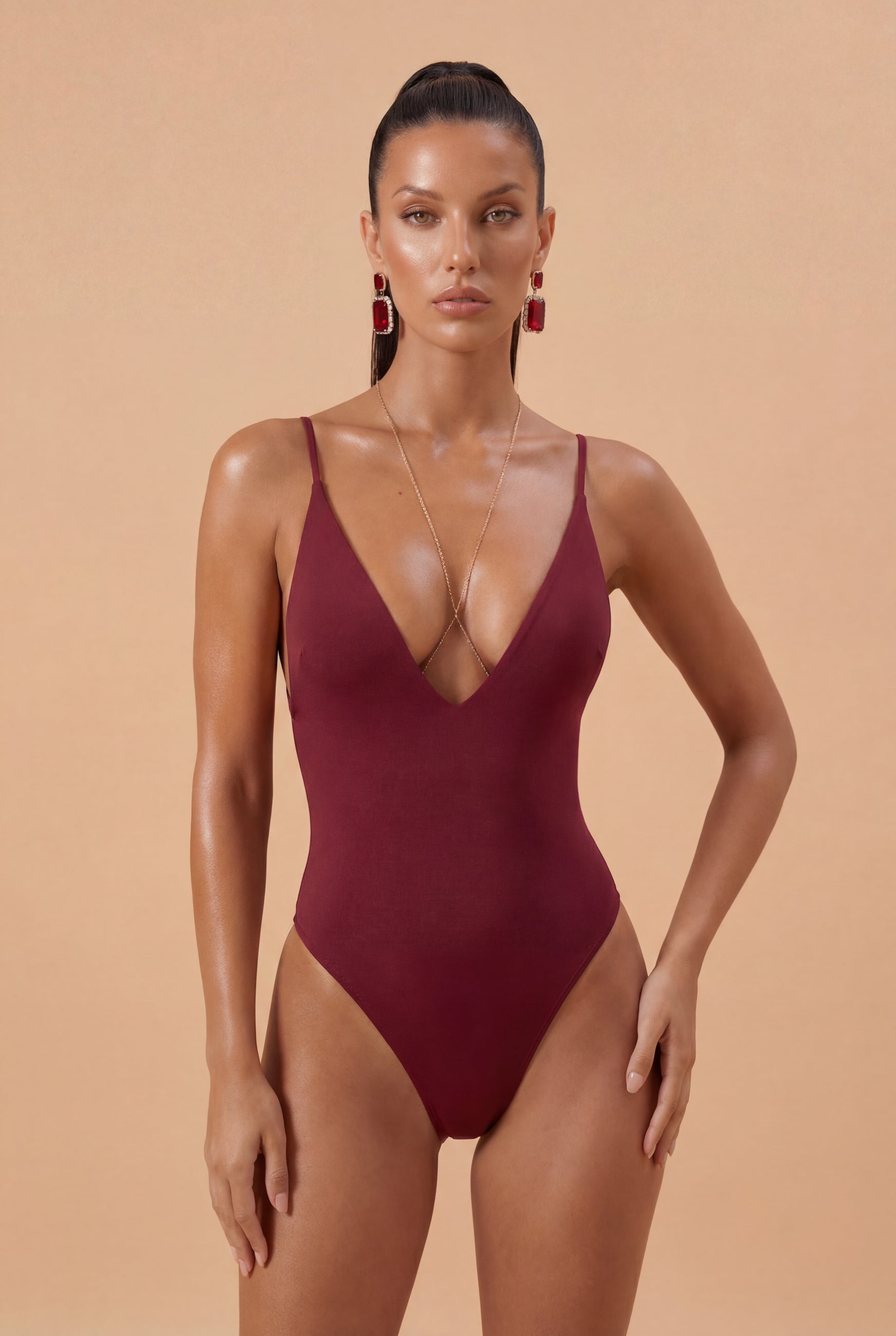 Βουργουνδί bodysuit με βαθύ ντεκολτέ